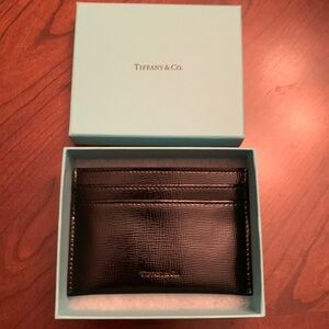 Authentic Tiffany & Co black patent leather card holder with blue lining